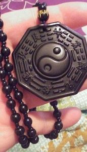 28" black Obsidian Yin Yang pendant bead necklace